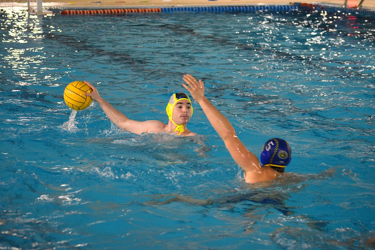 Jugador de waterpolo prepara un lanzamiento con el balón amarillo mientras un rival levanta el brazo para bloquearlo.